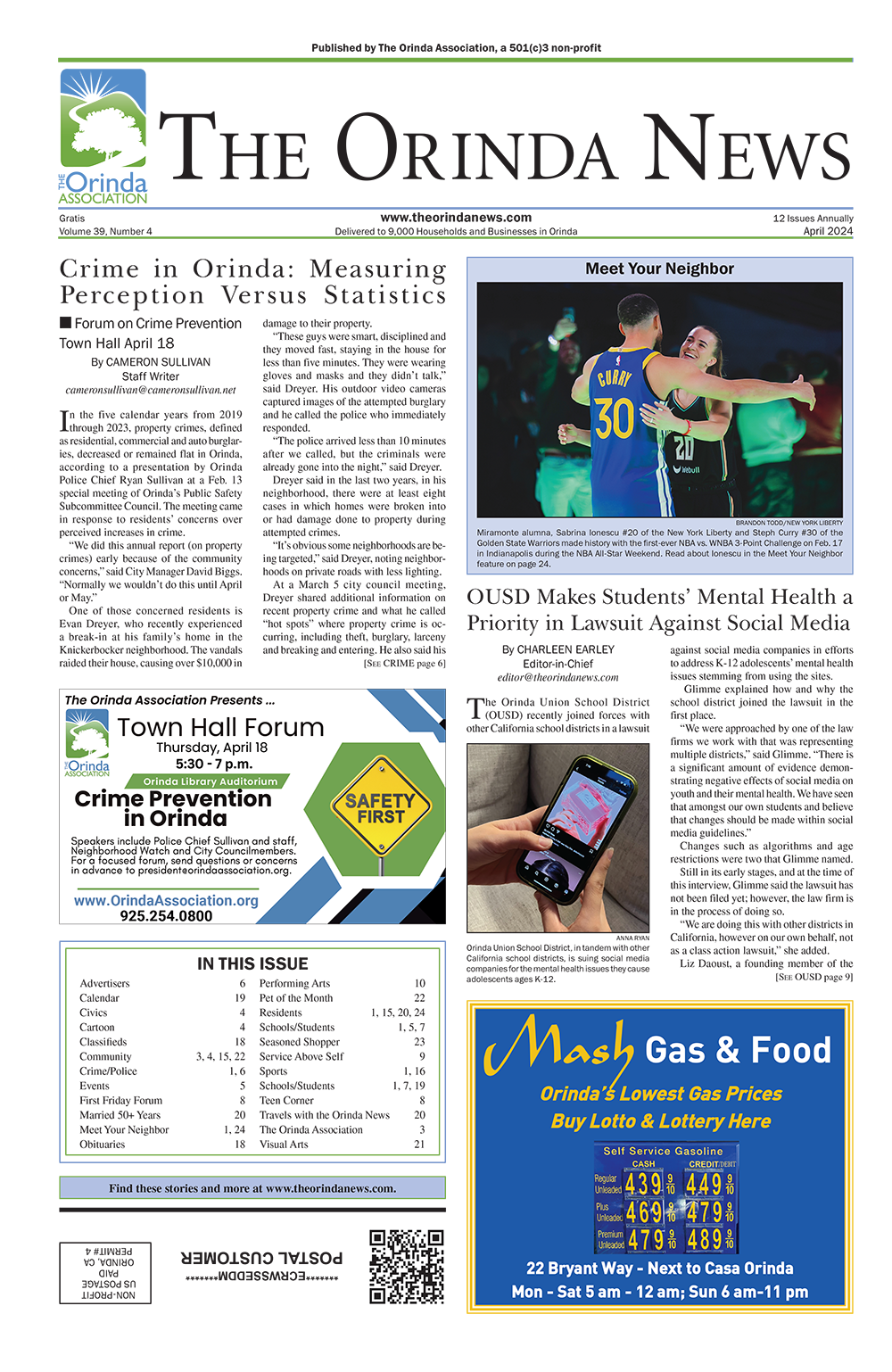 The Orinda News April 2024 cover | The Orinda News